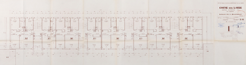 Opération de 226 logements : bâtiment B2, plan du rez-de-chaussée ; J. Louria, F. Sonnet, mai 1969. (Archives municipales Cosne-Cours-sur-Loire, 200 W 117 - PC 1015) © Région Bourgogne-Franche-Comté, Inventaire du patrimoine