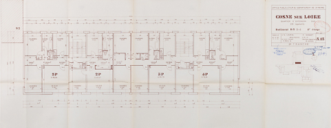 Opération de 226 logements : bâtiment B3, plan du premier étage ; J. Louria, F. Sonnet, avril 1969. (Archives municipales Cosne-Cours-sur-Loire, 200 W 117 - PC 1015) © Région Bourgogne-Franche-Comté, Inventaire du patrimoine