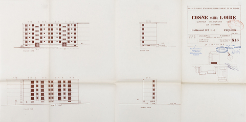 Opération de 226 logements : bâtiment B3, élévations des façades ; J. Louria, F. Sonnet, avril 1969. (Archives municipales Cosne-Cours-sur-Loire, 200 W 117 - PC 1015) © Région Bourgogne-Franche-Comté, Inventaire du patrimoine