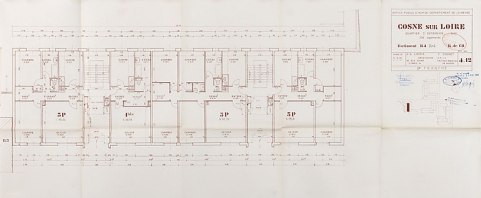 Opération de 226 logements : bâtiment B4, plan du rez-de-chaussée ; J. Louria, F. Sonnet, avril 1969. (Archives municipales Cosne-Cours-sur-Loire, 200 W 117 - PC 1015) © Région Bourgogne-Franche-Comté, Inventaire du patrimoine
