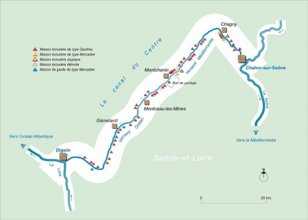 Carte schématique du canal du Centre avec la localisation des différentes maisons éclusières et de garde. © Région Bourgogne-Franche-Comté, Inventaire du patrimoine