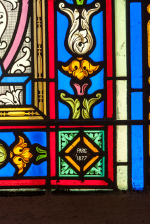 Verrière représentant St Hubert et St Laurent. Détail de la date. © Région Bourgogne-Franche-Comté, Inventaire du patrimoine