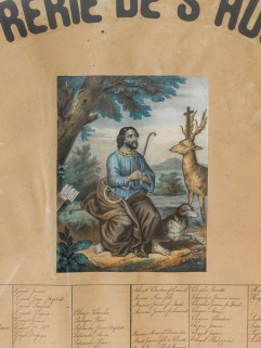 Cadre de la conférie de saint Hubert : détail de la gravure. © Région Bourgogne-Franche-Comté, Inventaire du patrimoine