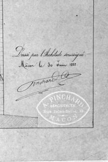 Détail de la signature et de la date sur un plan de l'église. Dessin de l'architecte Pinchard, daté du 30 juin 1888 (Archives communales, Aloxe-Corton). © Région Bourgogne-Franche-Comté, Inventaire du patrimoine