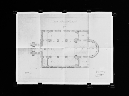 Plan de l'église d'Aloxe-Corton, dressé par l'architecte Pinchard le 30 juin 1888 (Archives communales, Aloxe-Corton). © Région Bourgogne-Franche-Comté, Inventaire du patrimoine