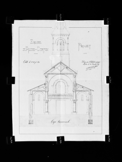 Coupe transversale de l'église d'Aloxe-Corton, dressée par l'architecte Pinchard le 10 décembre 1887 (Archives communales, Aloxe-Corton). © Région Bourgogne-Franche-Comté, Inventaire du patrimoine
