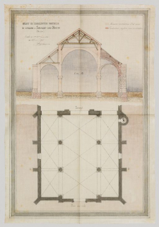 Projet de consolidation partielle de l'église de Savigny-lès-Beaune (Côte-d'Or)" : coupe et plan. Daté du 20 février 1874 et signé Deschamp. (Archives municipales, Savigny-lès-Beaune) © Région Bourgogne-Franche-Comté, Inventaire du patrimoine