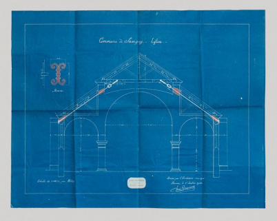 Coupe du projet de consolidation de l'église de Savigny-lès-Beaune. Louis Gagnerot - Architecte. 6 juillet 1908. (Archives municipales, Savigny-lès-Beaune) © Région Bourgogne-Franche-Comté, Inventaire du patrimoine