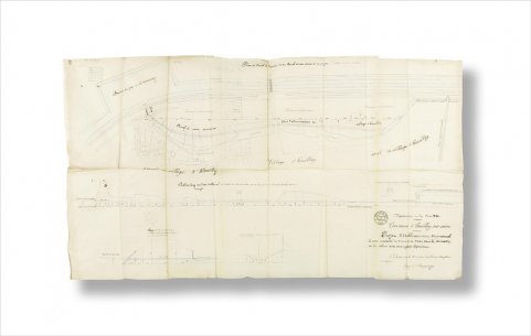 "Projet d'établissement d'un canal à eau courante et d'une prise d'eau dans la dérivation de la Saône avec ouvrages en dépendant." Plan et profil en long. 1er janvier 1847. © Région Bourgogne-Franche-Comté, Inventaire du patrimoine