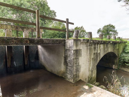 Au premier plan, le déversoir de fond qui évacue l'eau du canal dans le ruisseau d'Ardan. Au second plan, l'aqueduc qui permet au ruisseau de passer sous le canal.  © Région Bourgogne-Franche-Comté, Inventaire du patrimoine