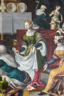 Détail du panneau central : servante de droite présentant un linge. © Région Bourgogne-Franche-Comté, Inventaire du patrimoine