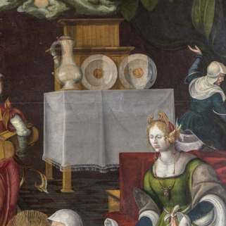 Détail du panneau central : buffet-dressoir. © Région Bourgogne-Franche-Comté, Inventaire du patrimoine