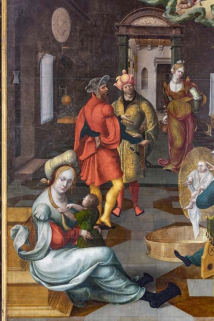 Détail du panneau central : servante/nourrice du premier-plan avec un enfant et deux spectateurs. © Région Bourgogne-Franche-Comté, Inventaire du patrimoine