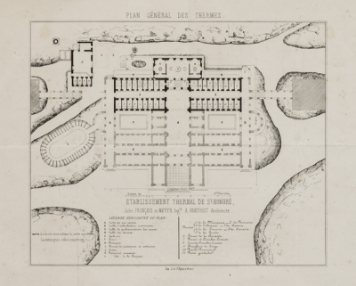 Plan de l'établissement thermal projeté avec les parties effectivement construites en 1854-1857. © Région Bourgogne-Franche-Comté, Inventaire du patrimoine Plan de l'établissement thermal projeté avec les parties effectivement construites en 1854-1857. © Région Bourgogne-Franche-Comté, Inventaire du patrimoine
