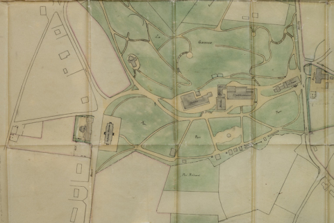 Situation de l'établissement thermal au sein du parc thermal en 1900. © Région Bourgogne-Franche-Comté, Inventaire du patrimoine Situation de l'établissement thermal au sein du parc thermal en 1900. © Région Bourgogne-Franche-Comté, Inventaire du patrimoine