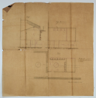 Projet de transformation d'un bâtiment pour les bains de pieds en salle de pulvérisaton. © Région Bourgogne-Franche-Comté, Inventaire du patrimoine Projet de transformation d'un bâtiment pour les bains de pieds en salle de pulvérisaton. © Région Bourgogne-Franche-Comté, Inventaire du patrimoine