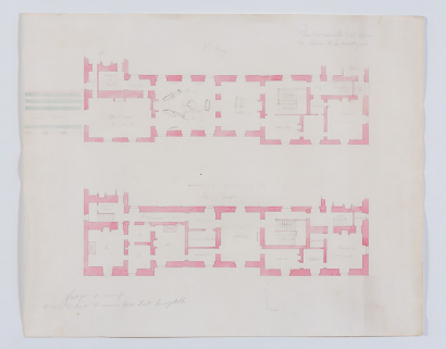 Plan du rez-de-chaussée et du premier étage du corps principal du château, avec la distibution du nouvel appartement. © Région Bourgogne-Franche-Comté, Inventaire du patrimoine Plan du rez-de-chaussée et du premier étage du corps principal du château, avec la distibution du nouvel appartement. © Région Bourgogne-Franche-Comté, Inventaire du patrimoine