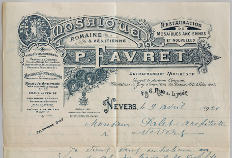 Lettre du mosaïste Pietro Favret à l'architecte Auguste Palet datée du 9 avril 1921, détail de l'en-tête. © Région Bourgogne-Franche-Comté, Inventaire du patrimoine