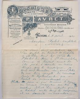 Lettre du mosaïste Pietro Favret à l'architecte Auguste Palet datée du 9 avril 1921. © Région Bourgogne-Franche-Comté, Inventaire du patrimoine