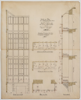 Oriel en surplomb de la façade côté pour les water-closet (1921), plan, élévation et coupe. © Région Bourgogne-Franche-Comté, Inventaire du patrimoine