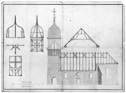 Plan, coupe et élévations de l'église. © Région Bourgogne-Franche-Comté, Inventaire du patrimoine