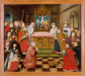 Panneau : donateurs devant un autel dans une chapelle. © Région Bourgogne-Franche-Comté, Inventaire du patrimoine