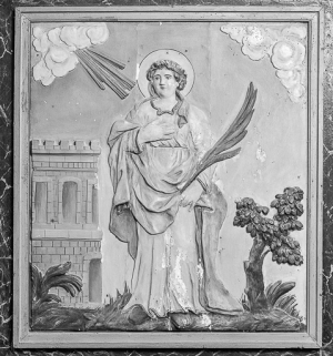 Détail : le bas-relief du retable : sainte Barbe. © Région Bourgogne-Franche-Comté, Inventaire du patrimoine