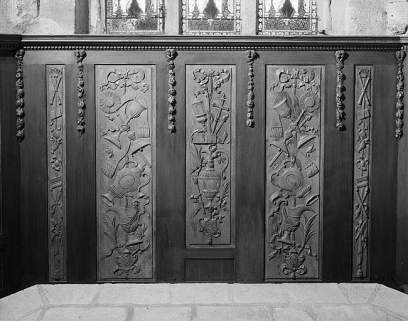 Détail : partie centrale des lambris de demi-revêtement du choeur. © Région Bourgogne-Franche-Comté, Inventaire du patrimoine