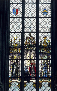 Baie 1 : saint Benoît, Apparition du Sacré-Coeur à Marguerite-Marie Alacoque, Jeanne d'Arc. © Région Bourgogne-Franche-Comté, Inventaire du patrimoine