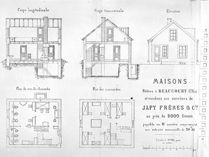 Maisons bâties à Beaucourt (Haut-Rhin) et vendues aux ouvriers de Japy Frères et Cie [...] [plans, coupes et élévation]. © Région Bourgogne-Franche-Comté, Inventaire du patrimoine