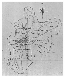 Plan de l'agglomération en 1809 : extrait de l'Atlas cadastral de Lons, tableau d'assemblage. © Région Bourgogne-Franche-Comté, Inventaire du patrimoine