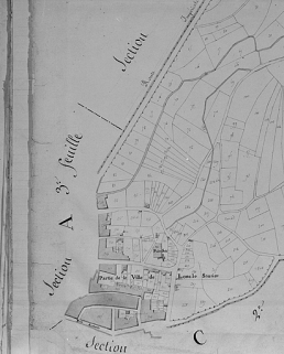 Plan d'une partie de l'agglomération en 1809 : extrait de l'Atlas cadastral de Lons, section B. © Région Bourgogne-Franche-Comté, Inventaire du patrimoine