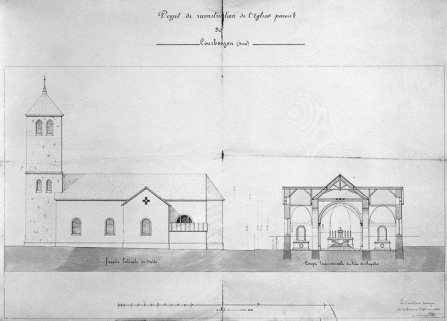 Façade latérale droite, coupe transversale sur l'axe des chapelles. © Région Bourgogne-Franche-Comté, Inventaire du patrimoine