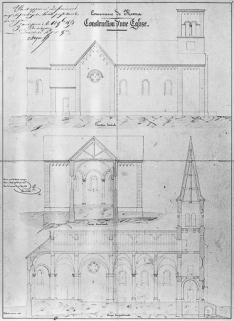 Elévation latérale, coupe transversale et coupe longitudinale. © Région Bourgogne-Franche-Comté, Inventaire du patrimoine