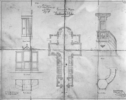 Ameublement de l'église : plan général, confessionnal, chaire. © Région Bourgogne-Franche-Comté, Inventaire du patrimoine
