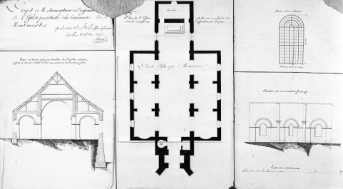 Projet de restauration et d'agrandissement de l'église paroissiale de la commune de Montmorot, vu avec la retombe du plan. © Région Bourgogne-Franche-Comté, Inventaire du patrimoine Projet de restauration et d'agrandissement de l'église paroissiale de la commune de Montmorot, vu avec la retombe du plan. © Région Bourgogne-Franche-Comté, Inventaire du patrimoine