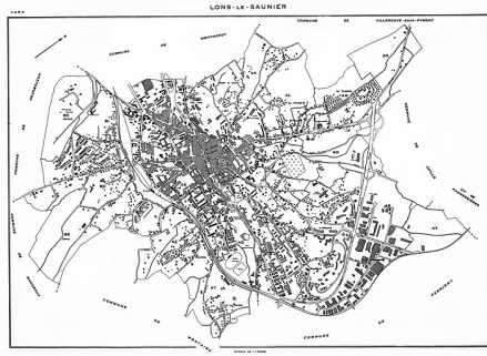 Plan de l'agglomération en 1973. Cadastre 1973, tableau d'assemblage. © Région Bourgogne-Franche-Comté, Inventaire du patrimoine