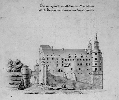 Vue de la partie du château de Montbéliard dite le Donjon au commencement du 17e siècle, 19e siècle. © Région Bourgogne-Franche-Comté, Inventaire du patrimoine