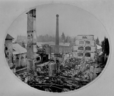L'usine des Fonteneilles après l'incendie du 23 janvier 1881. © Région Bourgogne-Franche-Comté, Inventaire du patrimoine