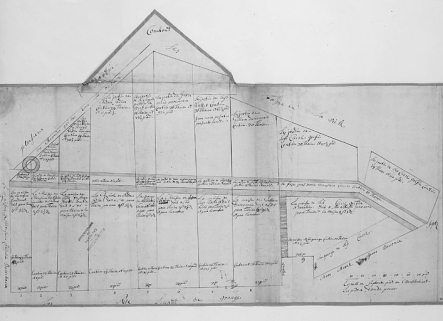 Plan parcellaire de 1715-1718. Détail de la feuille 4. © Région Bourgogne-Franche-Comté, Inventaire du patrimoine Plan parcellaire de 1715-1718. Détail de la feuille 4. © Région Bourgogne-Franche-Comté, Inventaire du patrimoine