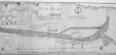 Plan parcellaire de 1715-1718. Détail de la feuille 11. © Région Bourgogne-Franche-Comté, Inventaire du patrimoine