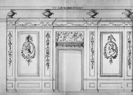 Projet de décors muraux pour la salle axiale du 1er étage, vers 1776-1777. © Région Bourgogne-Franche-Comté, Inventaire du patrimoine