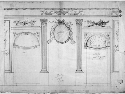 Esquisse pour les décors muraux de la salle axiale du 1er étage, vers 1776-1777. © Région Bourgogne-Franche-Comté, Inventaire du patrimoine