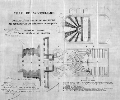 Projet de salle de spectacle (...] Plan général et plafond, 1854. © Région Bourgogne-Franche-Comté, Inventaire du patrimoine