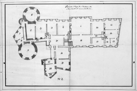 Projet de reconstruction de l'aile principale. Plan du premier étage, 1750. © Région Bourgogne-Franche-Comté, Inventaire du patrimoine