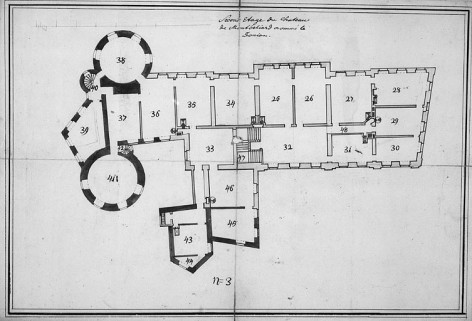 Projet de reconstruction de l'aile principale. Plan du second étage, 1750. © Région Bourgogne-Franche-Comté, Inventaire du patrimoine