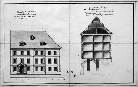 Projet de reconstruction de l'aile principale. Elévation de la façade sur cour et coupe du bâtiment, 1750. © Région Bourgogne-Franche-Comté, Inventaire du patrimoine