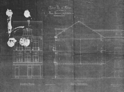 Projet de reconstruction de la maison Hennequin 18-20, rue des Febvres. Elévation et coupe, 1919. © Région Bourgogne-Franche-Comté, Inventaire du patrimoine