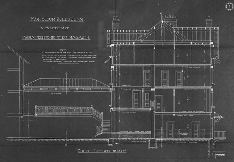 Projet d'agrandissement du magasin de Jules Jenn, rue Cuvier. Coupe longitudinale du deuxième corps de bâtiment, 1914. © Région Bourgogne-Franche-Comté, Inventaire du patrimoine