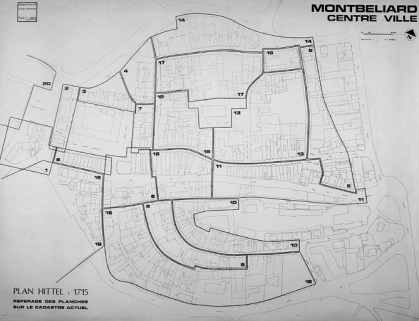 Plan d'assemblage du plan parcellaire de 1715-1718. © Région Bourgogne-Franche-Comté, Inventaire du patrimoine Plan d'assemblage du plan parcellaire de 1715-1718. © Région Bourgogne-Franche-Comté, Inventaire du patrimoine